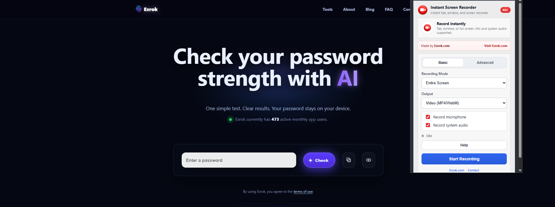 Instant Screen Recorder extension popup